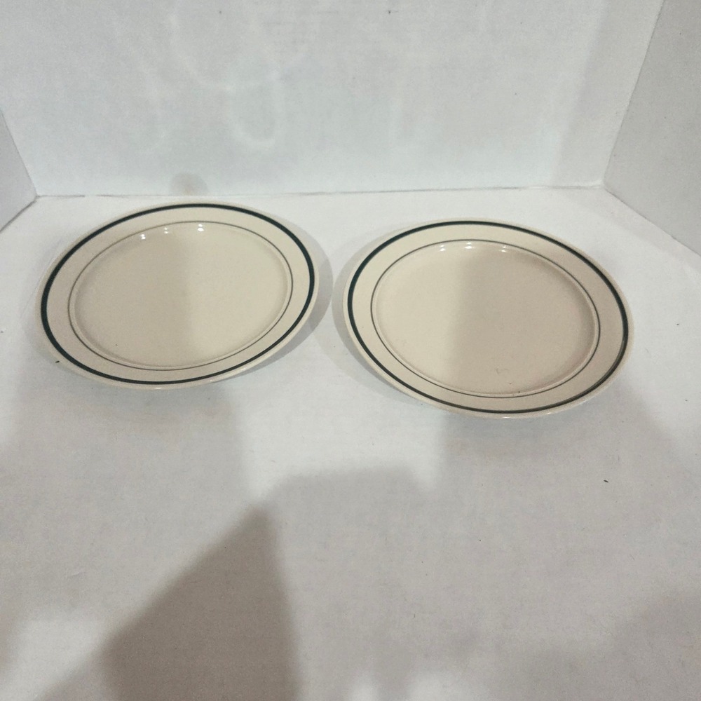 Vintage Stoneware Cream Salad Dessert Plates Green Banded Rim Set of 2